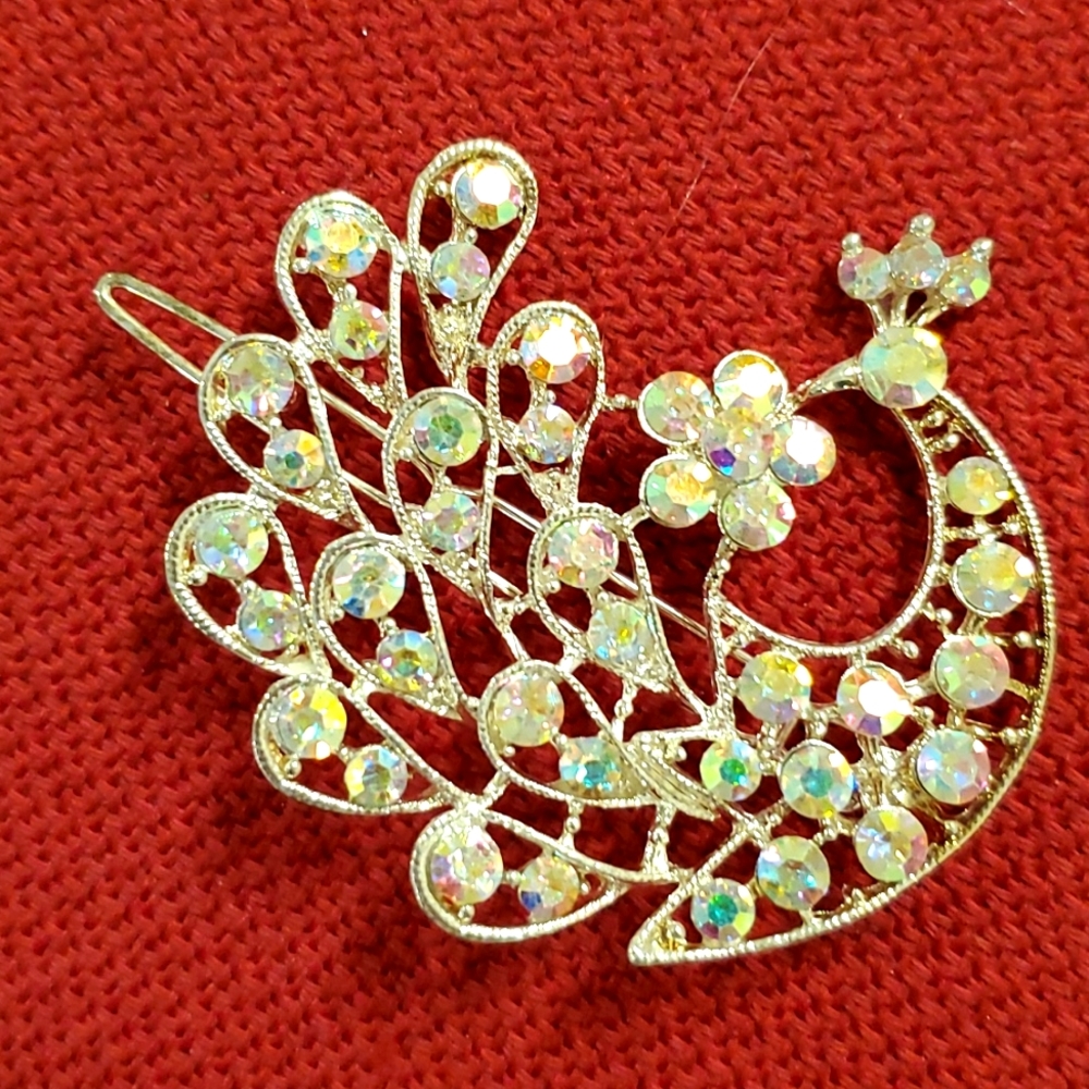 Peacock hair barrette gold tone Aurora Borealis rhinestones prom bridesmaid